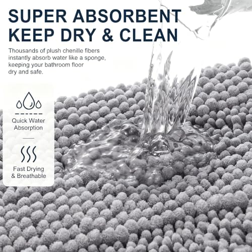 Smiry Chenille Bath Mat 30x20 - Soft, Absorbent, Grey