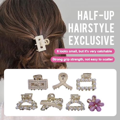 FADUIIO 7Pcs Mini Metal Hair Claw Clips with Pearls & Rhinestones