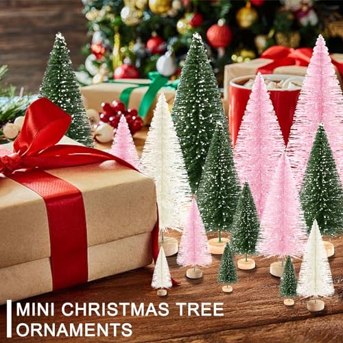 Mini Christmas Tree Set 30pcs Artificial Bottle Brush Trees with Wooden Bases - Colorful Holiday Decor, Pink, Green & Beige