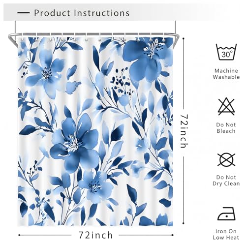 Blue Floral Shower Curtain, 72x72 Inch Watercolor Navy Botanical Bath Set