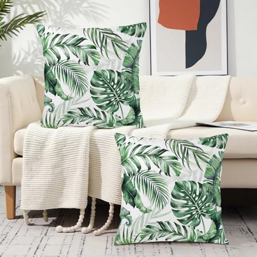 Tropical Palm Leaf Pillow Covers 18x18 Set of 2, Cotton Linen Throw Cases