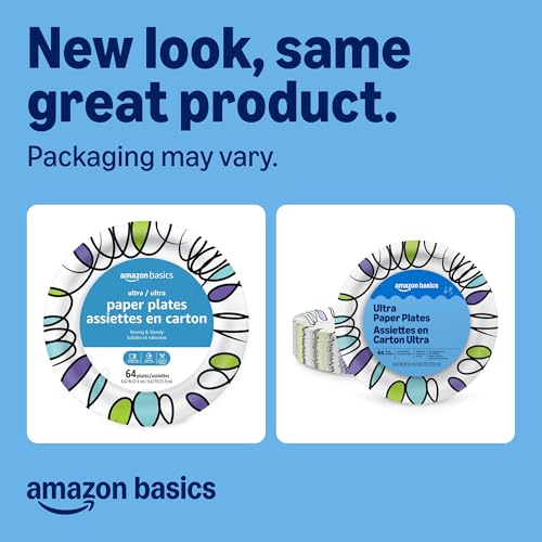 Amazon Basics Ultra Disposable Paper Plates, 8.62 Inch, 64 Count