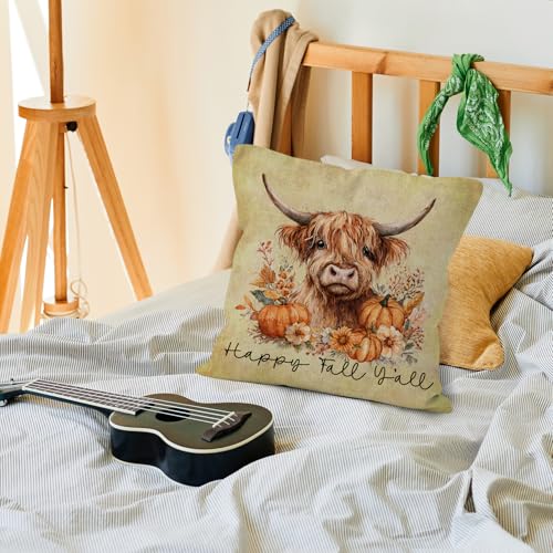 Vintage Fall Cow Throw Pillow Cover 18x18 - Rustic Farmhouse Design
