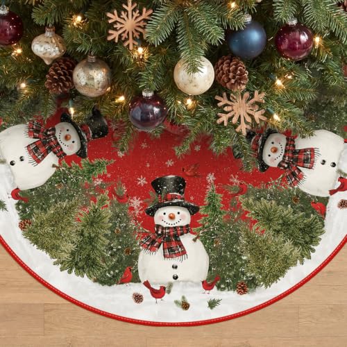 Red Christmas Tree Skirt 60 Inch for 7.5-9ft Trees Snowman Cedar Cardinals