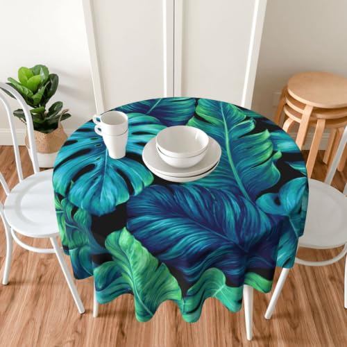 Tropical Palm Leaf Round Tablecloth - Hawaiian Style Outdoor Indoor 60x60 Inches - Leaf Variation