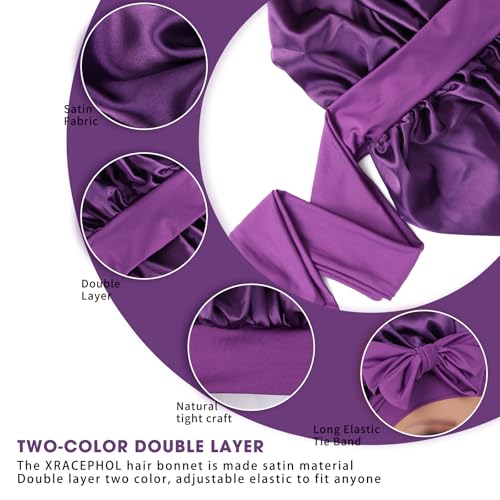 Double Layer Satin Sleep Bonnet with Adjustable Tie Band for Women Purple