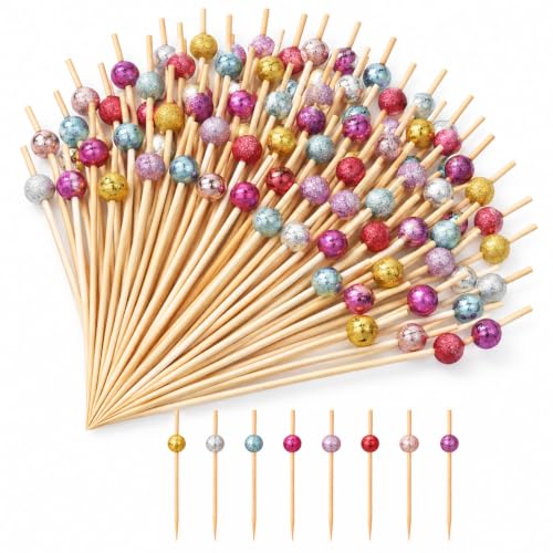 Assorted Metallic Bead Bamboo Cocktail Picks - Glitter, 4.72 Inch, 100 Pack