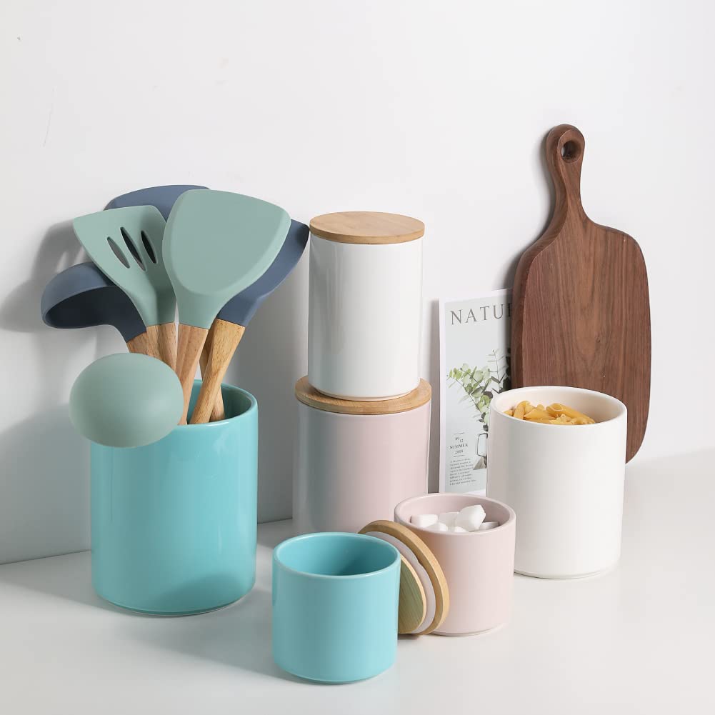 Sweejar Kitchen Canisters Ceramic Food Storage Jar Set, Stackable Containers with Airtight Seal Wooden Lid for Serving Ground Coffee, Tea, Herbs, Grains, Sugar, Salt - Set of 4 (Pink)
