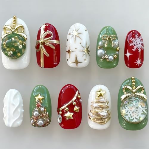 Christmas Press on Nails Medium Almond Fake Nails 3D Holiday Designs