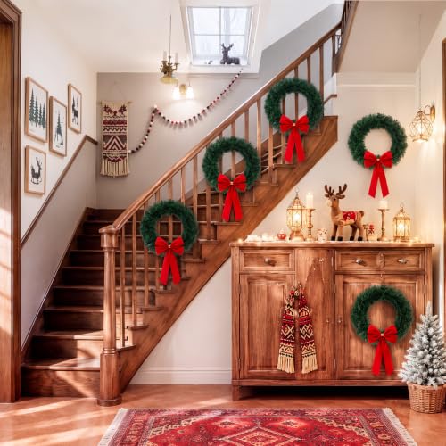Artificial Christmas Wreath Set with Red Velvet Bow - 14 Inch Holiday Decoration