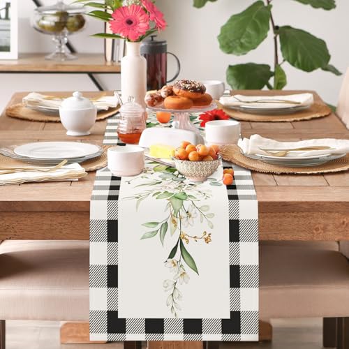 Bonhause Eucalyptus Leaves Table Runner 13x72 Inch - Black White Plaid