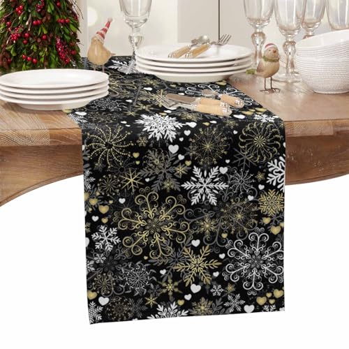 Black Christmas Snowflake Table Runner 13x72 Inches Cotton Linen Holiday Decor - Black