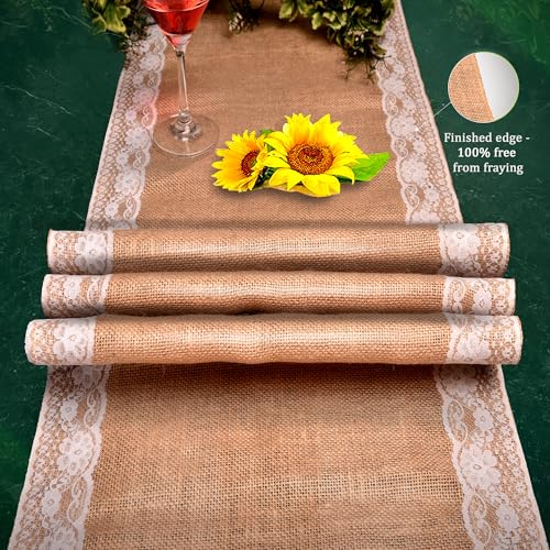 6 Pack Burlap Lace Table Runners 14x72 Inches No-Fray Natural Decor
