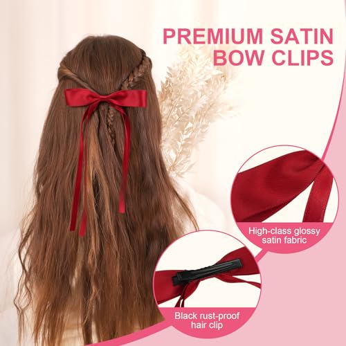 8-Pack Silky Satin Hair Bows with Long Tassels, Ribbon Bowknot Clips for Women