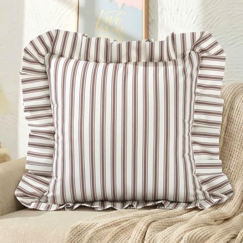 CrystalSylara 18x18 Ruffled Striped Pillow Cover, Boho Farmhouse Cushion Case