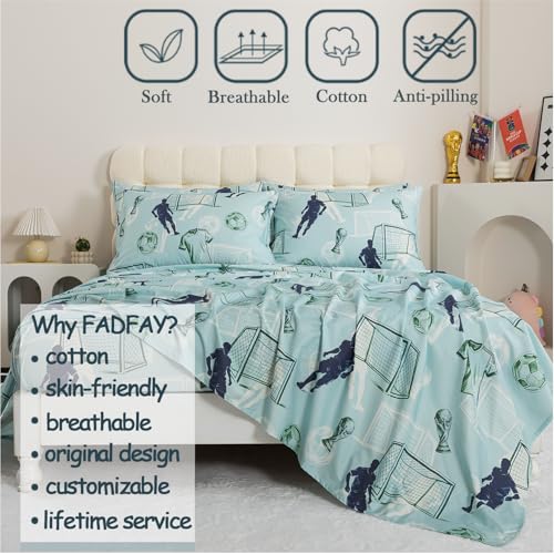 FADFAY Twin Size Soccer Sheet Set - Ultra Soft Breathable Cotton, Blue Sports Bedding