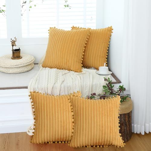 Yellow Corduroy Throw Pillow Covers 18x18 Set of 4 - Soft & Stylish