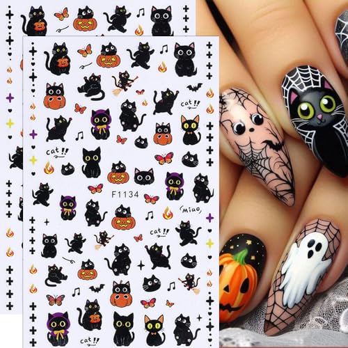 KAICCOSO 6-Sheet Halloween Nail Stickers Self-Adhesive Cat Ghost Pumpkin Decals