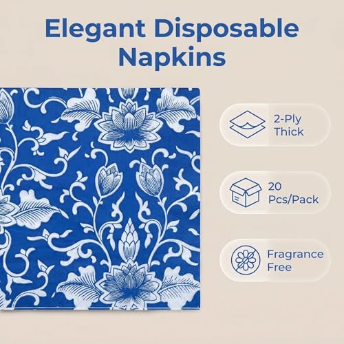 BESALILY Lotus Printed Paper Napkins - 20 Count, 2-Ply, Blue