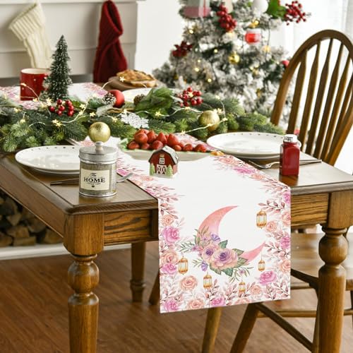Ramadan Mubarak Table Runner, 13x72 Inch Linen, Moon & Star Design