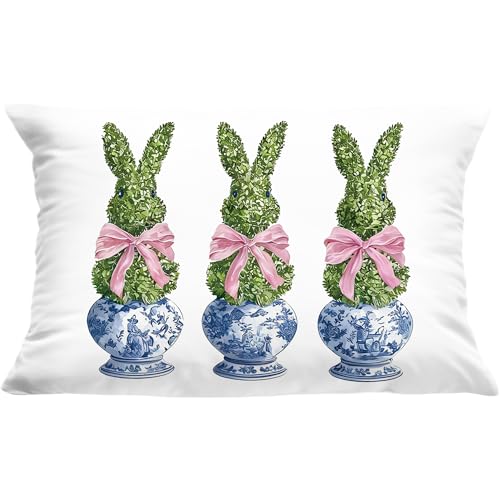 Pink Easter Bunny Pillow Cover 12x20 - Blue Chinoiserie Decor for Living Room & Bedroom