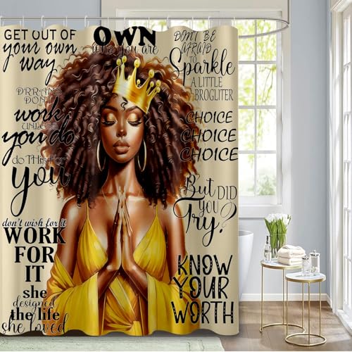 Motivational African American Shower Curtain - Black Woman 72x72 Inch, Brown Yellow