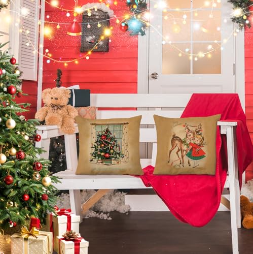 Retro Christmas Deer Couch Pillow Covers Set of 2 - 18x18 Holiday Decor