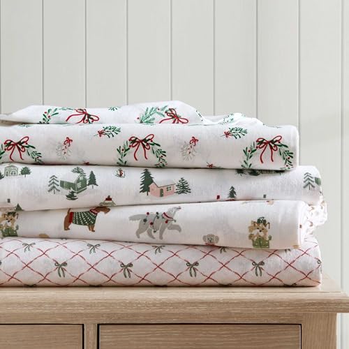 Martha Stewart - Flannel Sheets King Size, Anti-Pilling & Wrinkle Resistant Cotton, Touchably Soft for All-Season Comfort - Bed Sheets with Matching Pillowcases & Fitted Sheet (Ski Village Green)