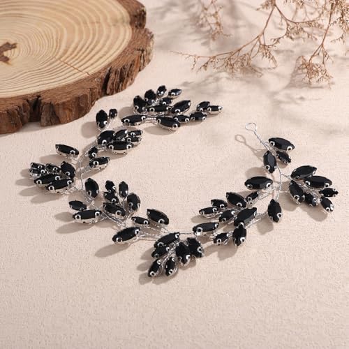 Missgrace Black Rhinestone Bridal Hair Vine Headband for Wedding