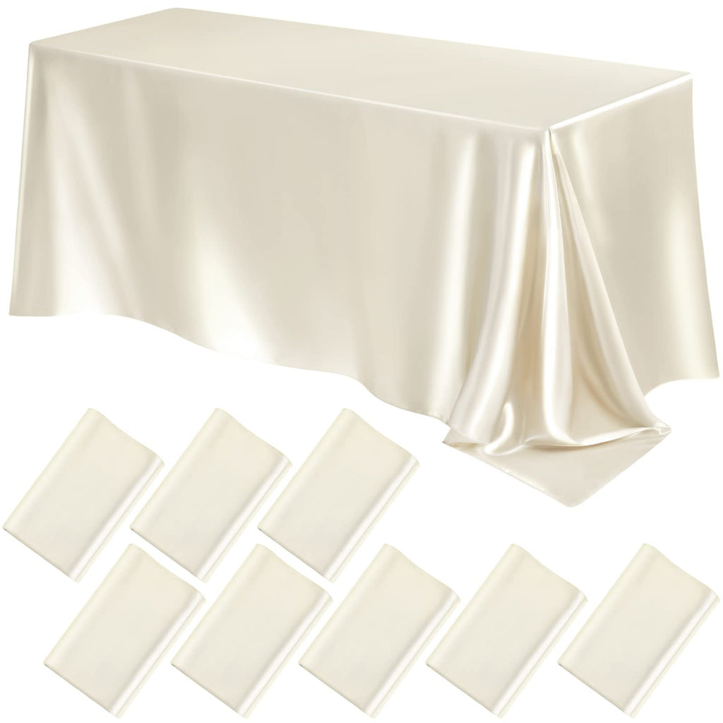 Lounsweer 8 Packs Satin Tablecloth 102 x 58 Inches Rectangle Table Cover Silk Smooth Fabric Party Table Cloth for Rectangle Parties, Holiday Dinner Wedding Banquet Decoration(Ivory)