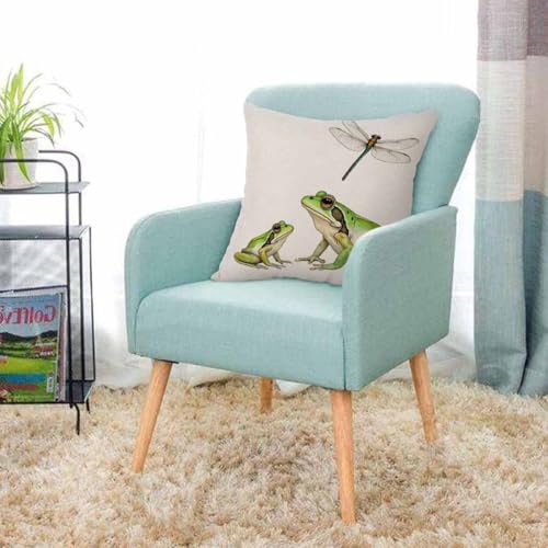 Frog and Dragonfly Watercolor Throw Pillow Cover, 18x18 Inch Cotton Linen