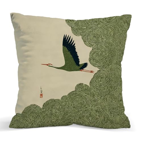 Vintage Crane Pillow Cover 18x18 Inch, Japanese Style Botanical Throw Case