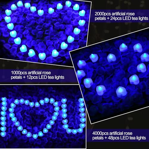 1000pcs Blue Artificial Rose Petals & 12 LED Tea Lights for Decor