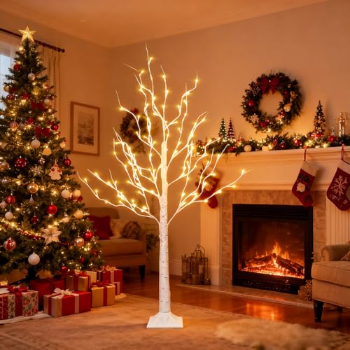Lighted Birch Trees 4ft 2 Pack with Timer & LED Warm White Lights Indoor Outdoor