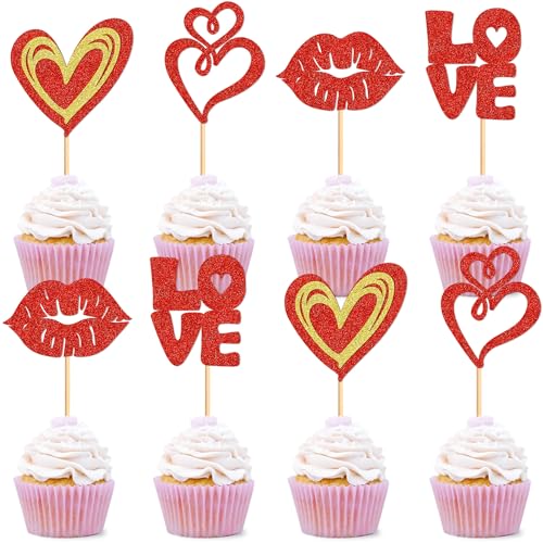 Valentine's Day Glitter Cupcake Toppers 24 Pcs Heart Cake Picks
