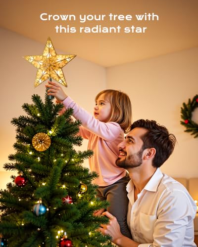 Pvc Gold Star Tree Topper with Built-in 10 Bulb String Lights - Silver Glitter Christmas Star with 3D Design, Indoor Holiday Decoration
