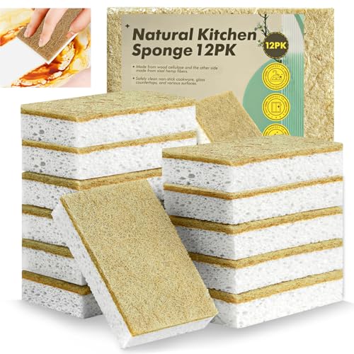 YeahWhee Natural Kitchen Sponges - 12 Pack Biodegradable Scrub Sponges