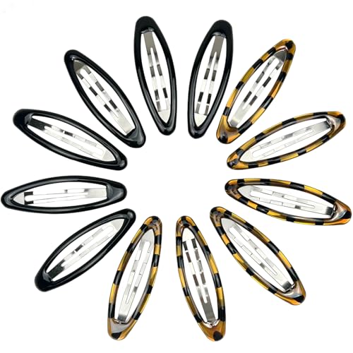Zoolinn 12-Pack Oval Hair Barrettes - 2.75 Inch Tortoise & Black Metal Snap Clips