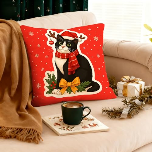 Red Christmas Tuxedo Cat Pillow Cover 18x18 - Festive Decor