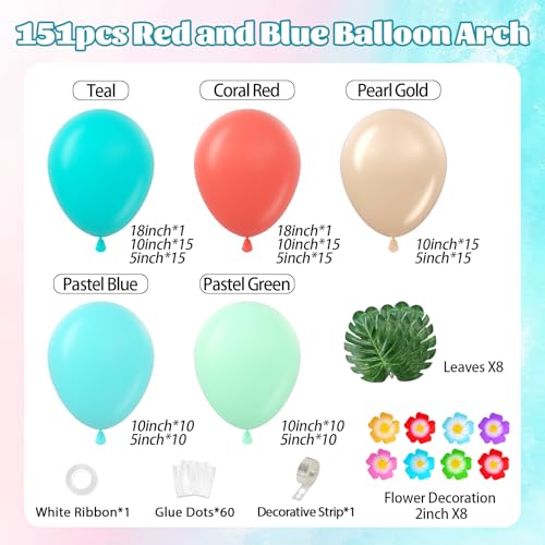 151pcs Tropical Balloon Arch Kit - Coral Red, Green, Blue, Gold