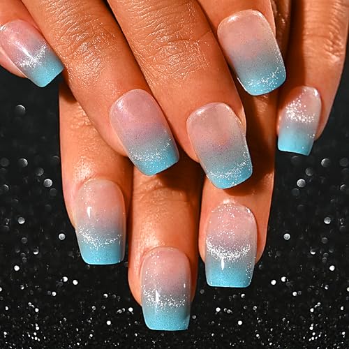 Blue Gradient Cat Eye Coffin Press on Nails - 30 Pcs Soft Gel Kit