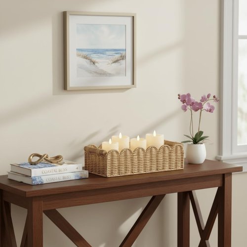 CubesLand Scalloped Edge Toilet Paper Storage Basket - Cozy Home Decor | Beige, Small Size with 2 Wooden Handles