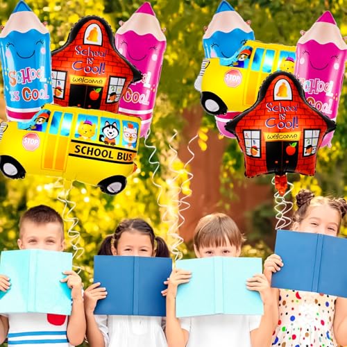 8 PCS Back to School Balloons Set - School Bus & Pencil Foil Decorations