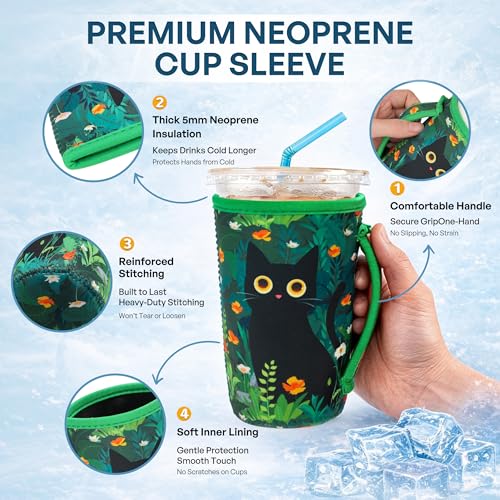 3-Pack Reusable Iced Coffee Sleeves - Insulated Neoprene - Black Cat Design