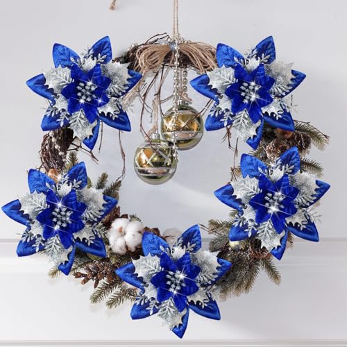108 Pieces Christmas Glitter Poinsettia Flowers with Clips & Stems - Navy Blue