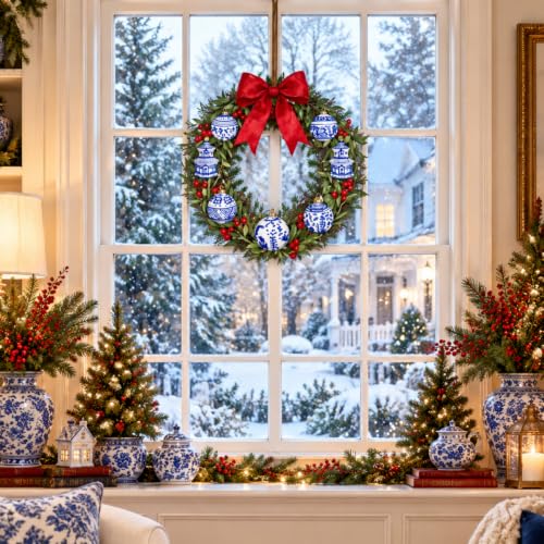 Chinoiserie Bead Christmas Wreath Door Hanger - Blue & White Wooden Sign - 11.8 Inches