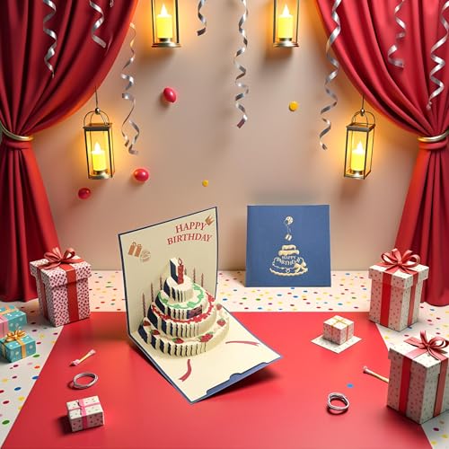 3D Pop-Up Birthday Cake Greeting Card with Envelope for Friends and Family