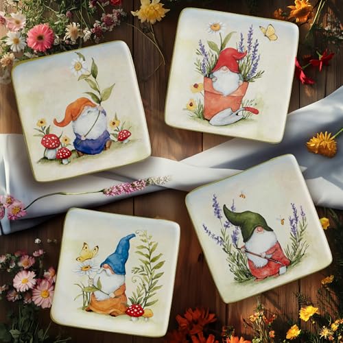 Certified International Garden Gnomes 6" Canape/Luncheon/Appetiser Plates, Assorted Designs, Small, Multicolor, Set of 4
