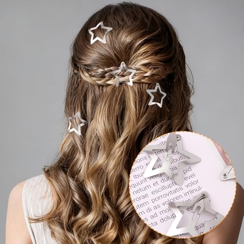 Isslly Silver Star Hair Clips 30 Pcs - Metal Snap Barrettes for Women