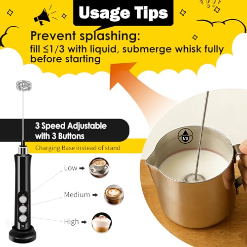 Styuanmmy Rechargeable Milk Frother, Black 3-Speed Electric Handheld Mixer